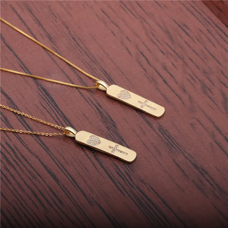 Collana Con Pendente A Cuore E Croce Rame Placcato Oro Rettangolare Micro Pavè Zircone Gioielli Religiosi