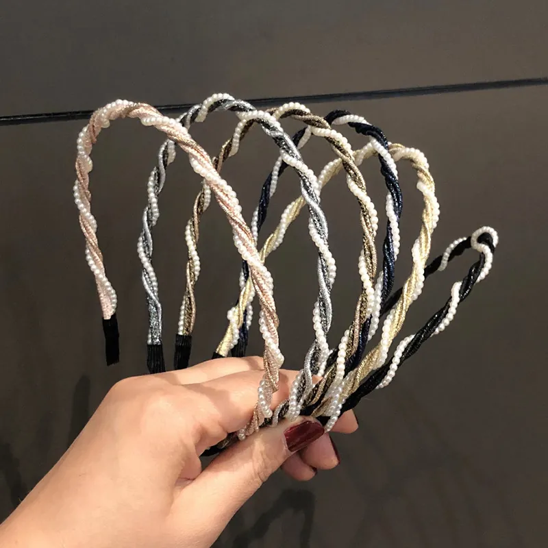 Twisted Braided Artificial Pearl Headband Elegant Retro Hair Hoop Synthetic Artificial Pearl Metallic Thread Hairband For Women