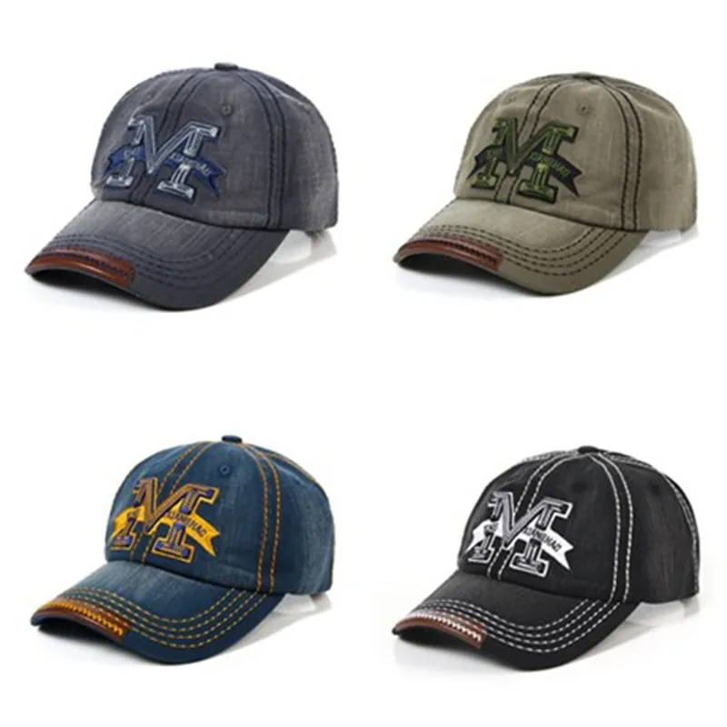 Washed Denim Baseball Cap With Leather Brim Embroidered Letter M Adjustable Sun Protection Hip Hop Hat Unisex
