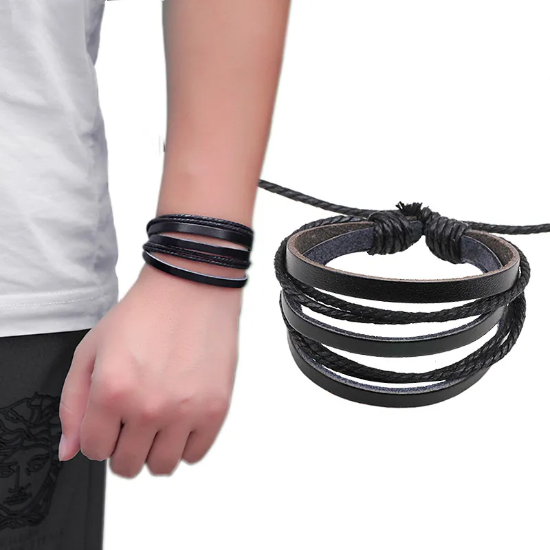 Multilayer Cowhide Leather Woven Rope Bracelet Retro Handmade Beaded Wrap Accessory For Men And Women