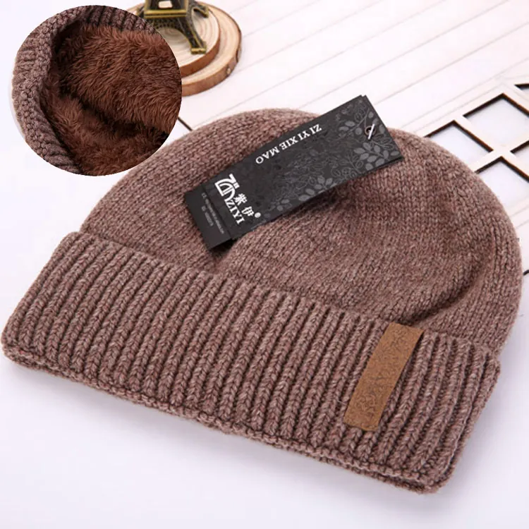 Men Winter Knitted Beanie Hat Acrylic Thick Fleece Lined Double Layer Warm Ribbed Cuff Pullover Casual Outdoor Caps