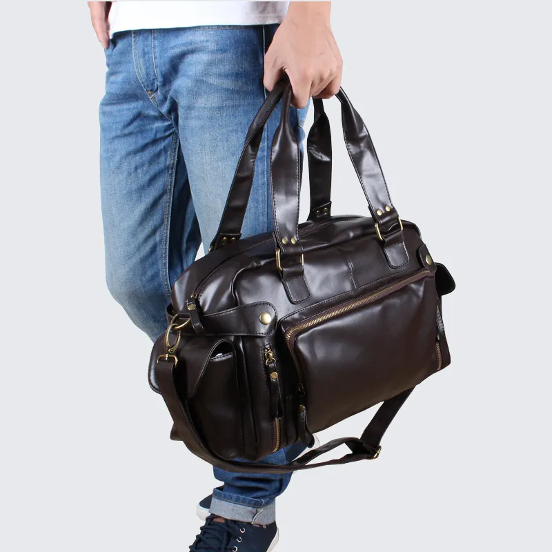 Men PU Leather Travel Handbag Large Capacity Multi Pocket Shoulder Crossbody Bag Retro Casual Carry On Duffel