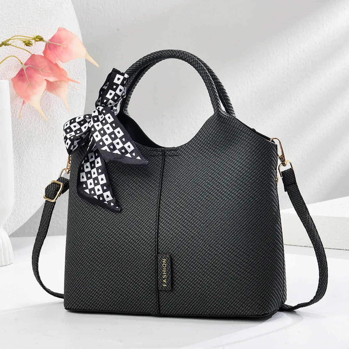 Women Handbag PU Leather Woven Texture Scarf Handle Versatile Retro Checkerboard Tote Shoulder Bag