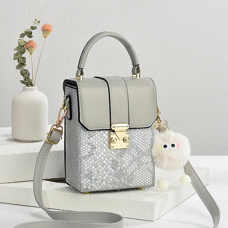Women Snake Pattern PU Leather Mini Mobile Phone Bag Small Square Crossbody Bag With Plush Charm Metal Lock Handheld Shoulder Bag