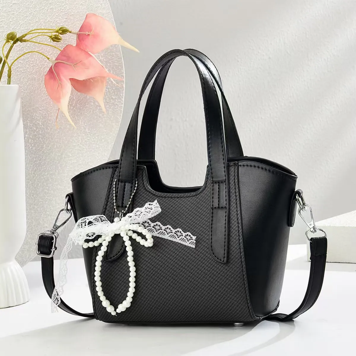 Sac à Main Tote en Cuir PU Vintage pour Femmes Avec Nœud en Dentelle Künstliche Perle Charme Sac Bandoulière Pour Trajet