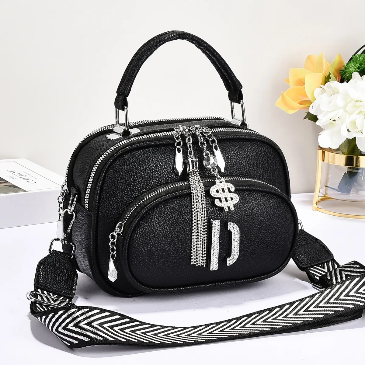 Women Lychee Pattern PU Leather Handbag Multi Zipper Compartments Shoulder Bag With Wide Strap And Metal Tassel Charms