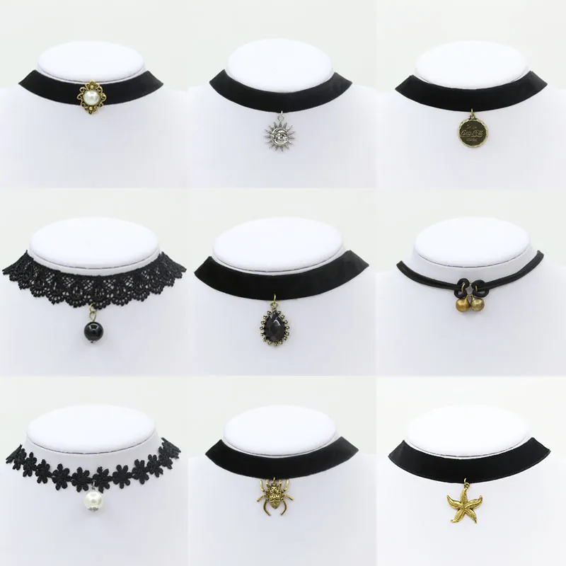 Vintage Gothic Black Lace Velvet Choker Necklace For Women Girls Retro Sun Moon Heart Artificial Pearl Pendant Adjustable Fashion Jewelry Gift