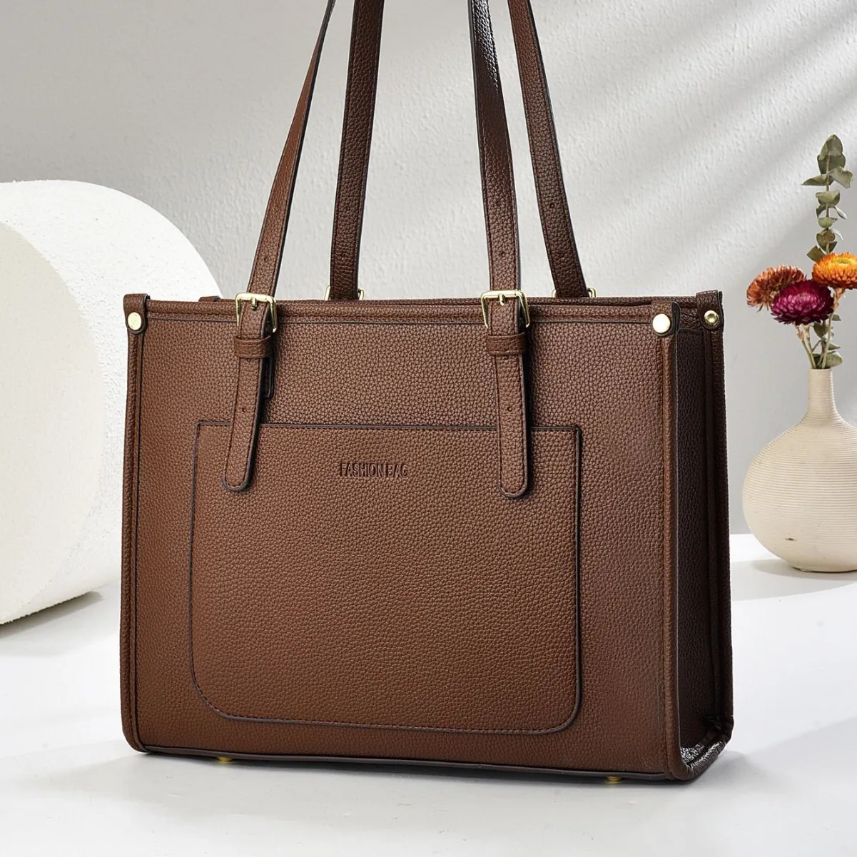 Sac Fourre-Tout Pour Femmes En Cuir PU Grande Capacité Grain De Litchi Sac À Main Avec Poche Avant Matériel Doré Réglable