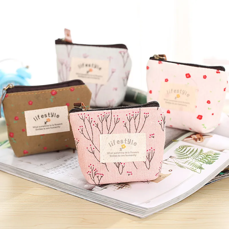 Mini Coin Purse Canvas Small Pouch Wallet With Zipper For Women Girls Cute Floral Animal Print Key Money Storage Bag
