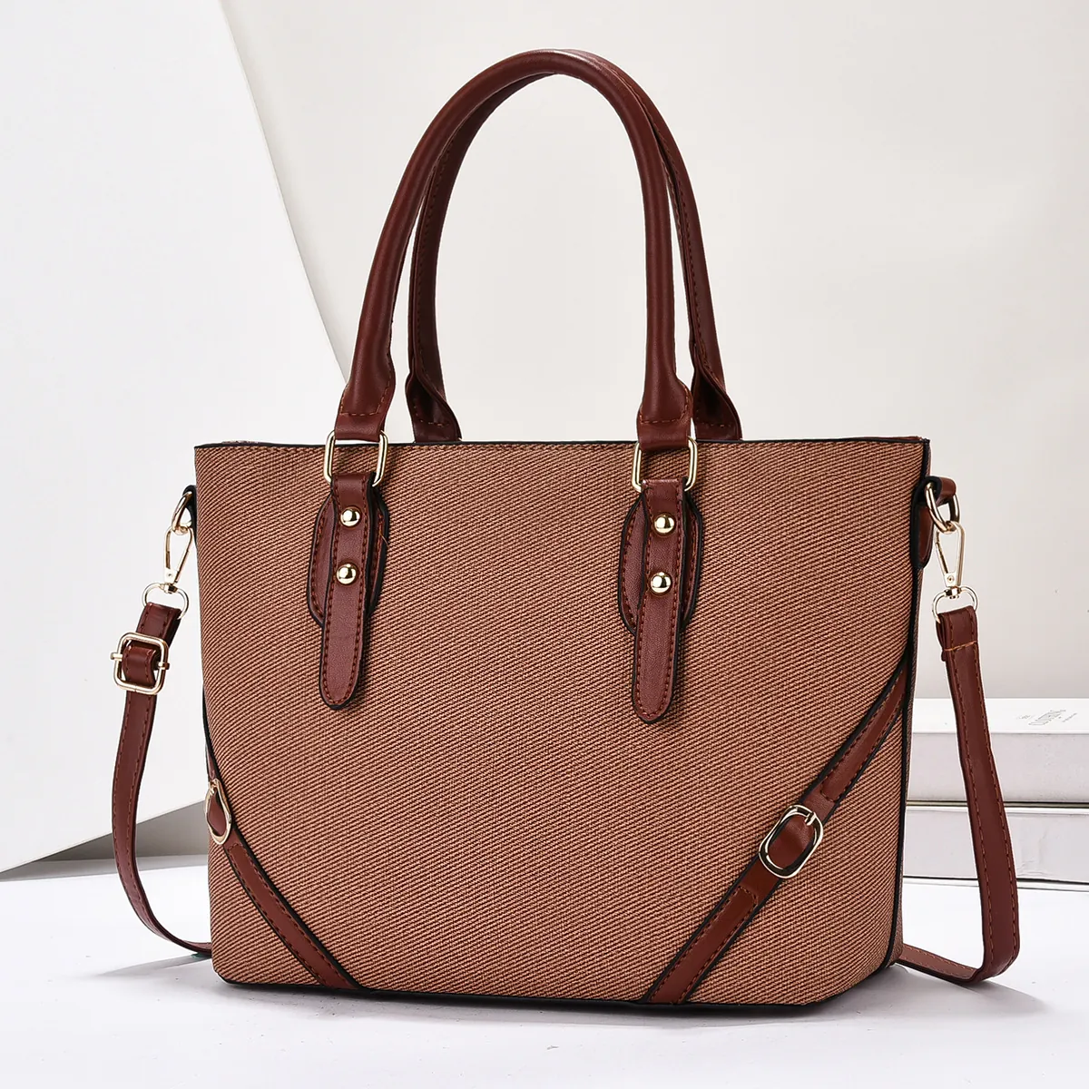 Retro Women Tote Handbag PU Leather Twill Fabric Large Capacity Bucket Bag Rivet Decor Adjustable Shoulder Strap Versatile