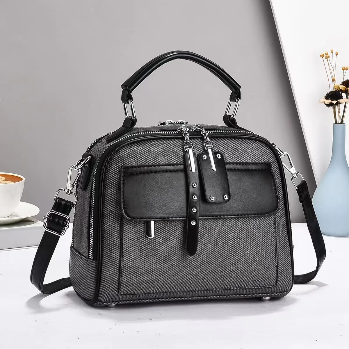 Women Shoulder Bag Handbag Retro Splicing Canvas PU Leather Rivet Top Handle Adjustable Strap Daily Casual Elegant Style