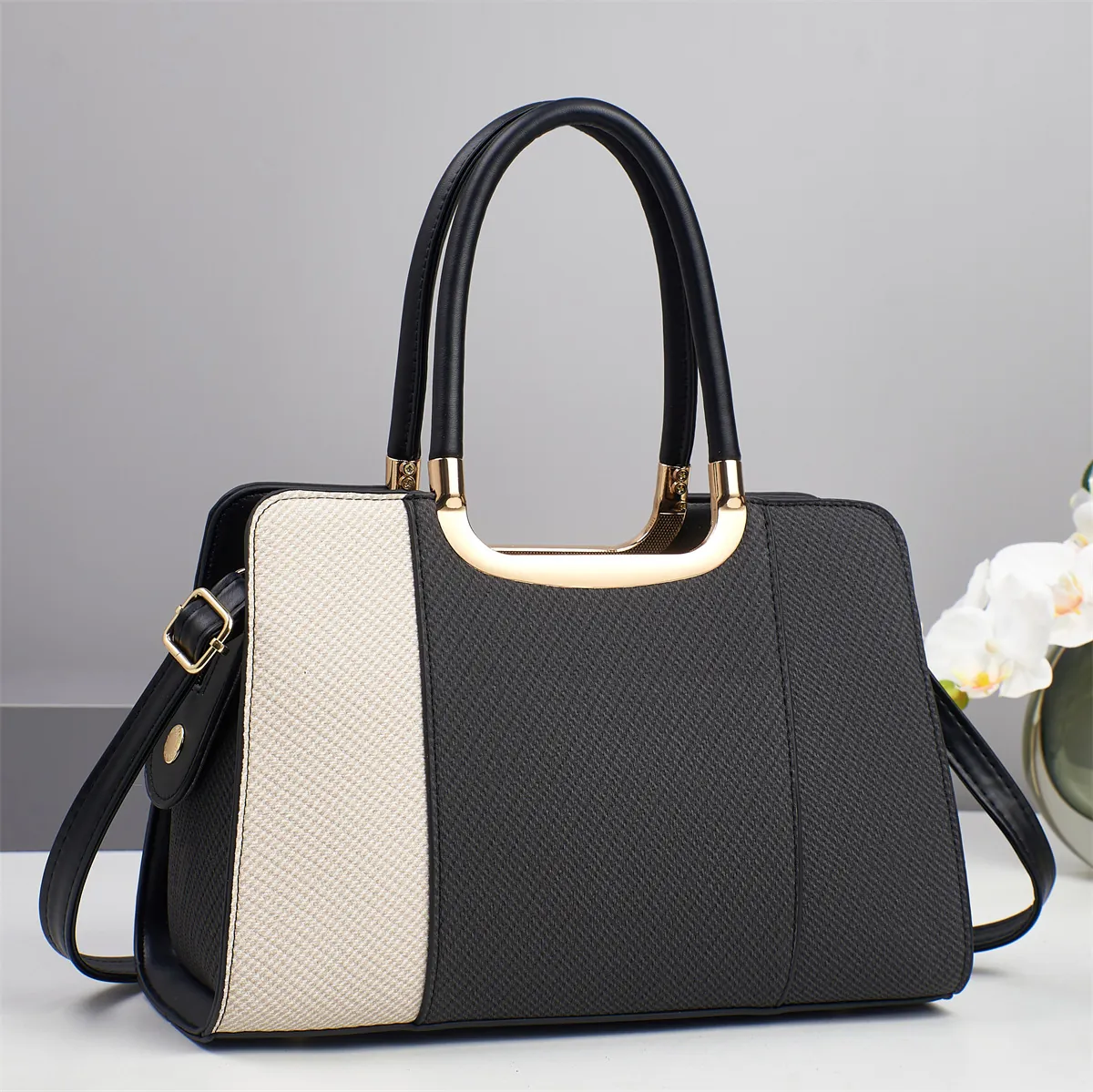 Women Patchwork Contrast Color Handbag PU Leather Woven Texture Crossbody Bag Gold Hardware Adjustable Strap