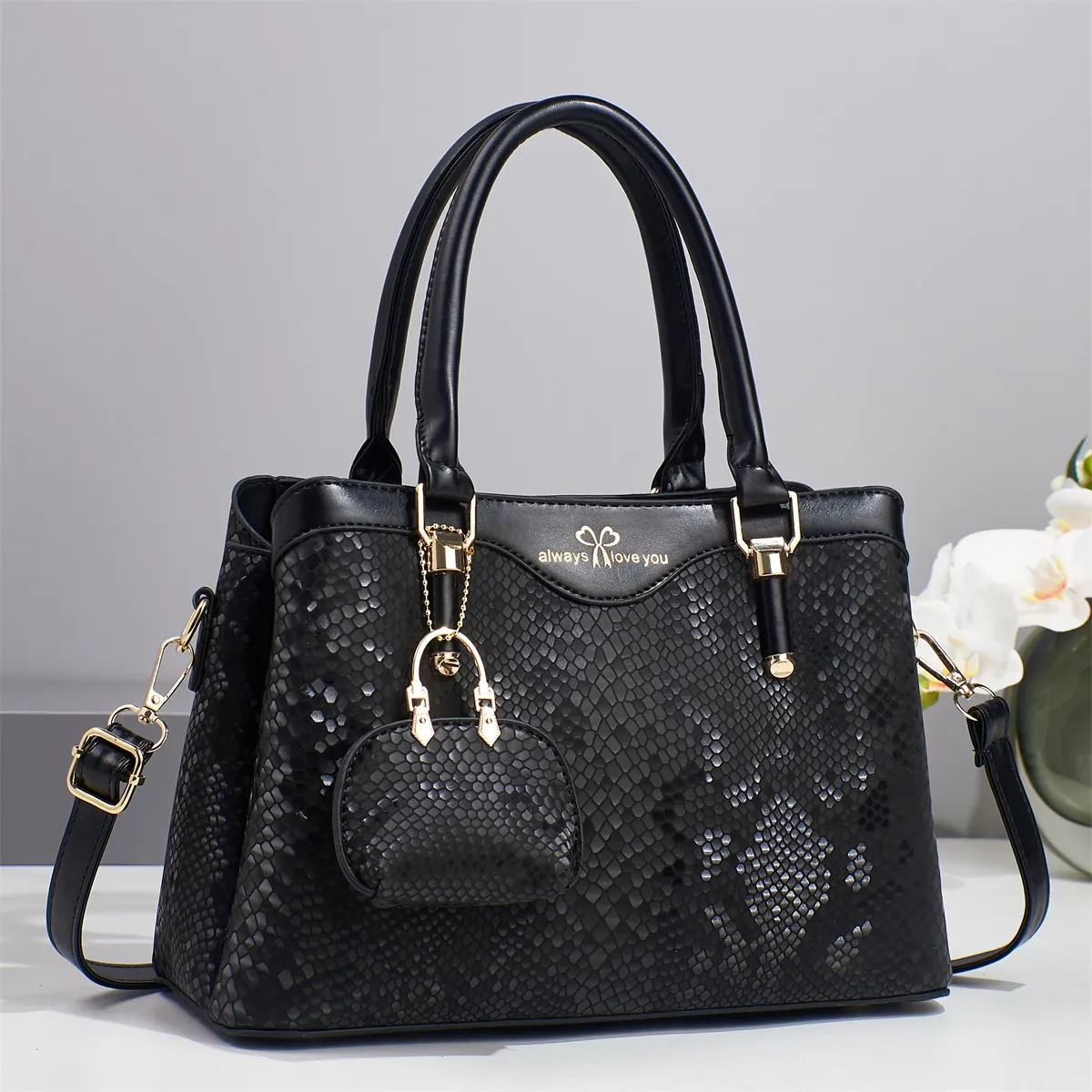 Elegant PU Leather Snake Pattern Handbag Multi Layer Large Capacity Shoulder Crossbody Bag With Small Pouch Charm