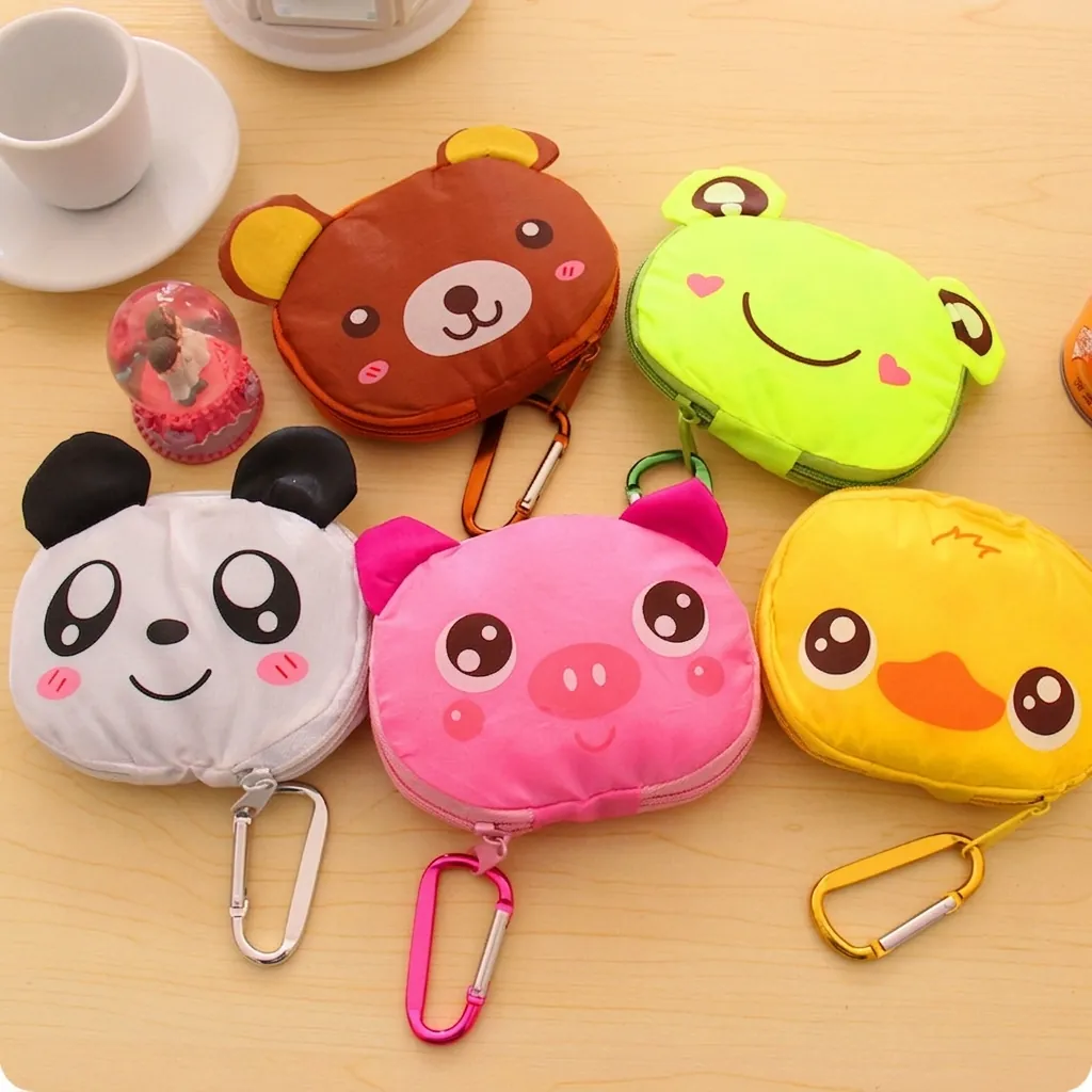 Foldable Shopping Bag Reusable Oxford Cloth Cartoon Animal Shape Portable Tote With Carabiner Women Eco Friendly