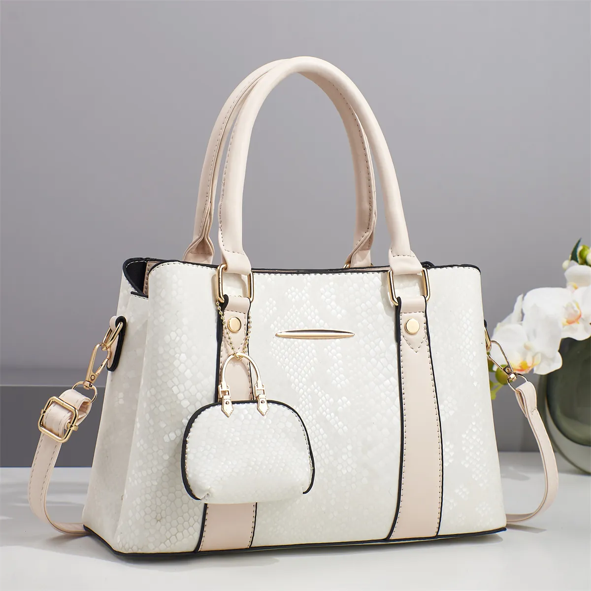 Women Handbag And Mini Coin Purse PU Leather Snake Pattern Python Print Crossbody Shoulder Tote Bag Gold Hardware