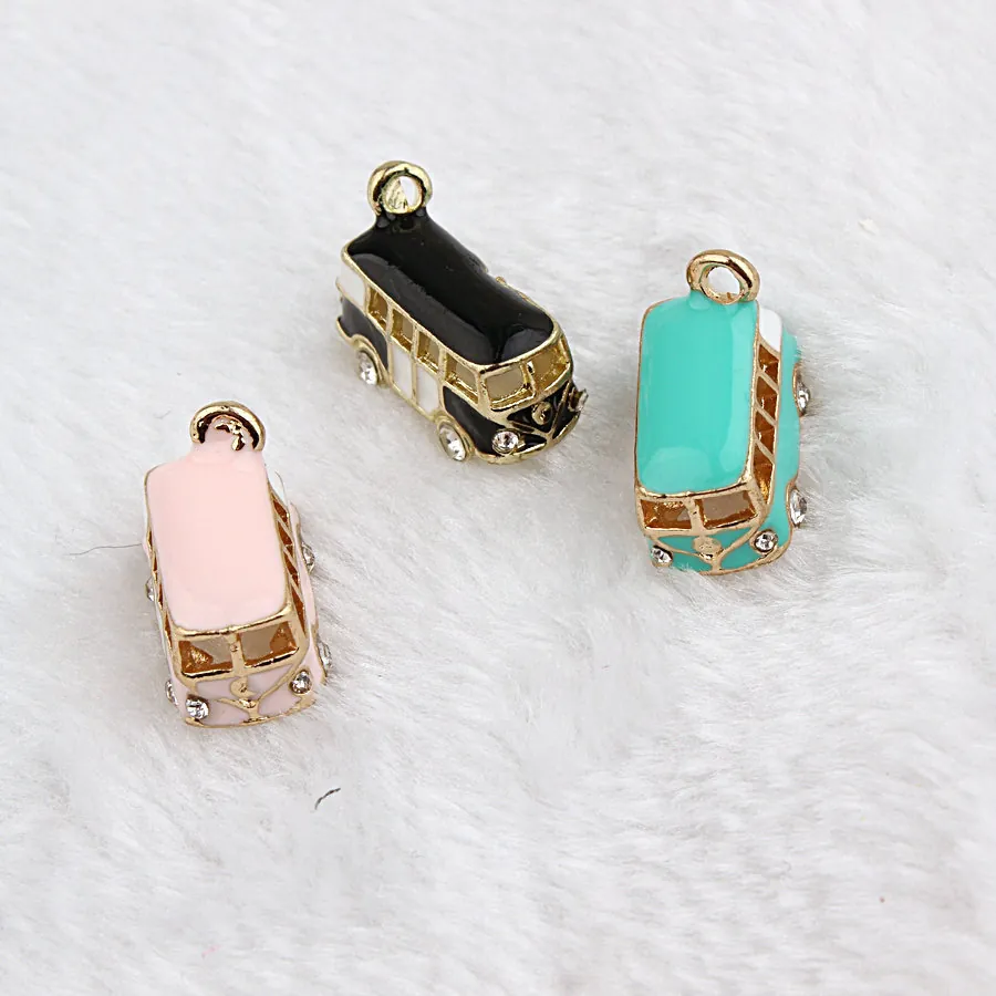 Bus Shape Charms Alloy Enamel Rhinestone Pendants For DIY Jewelry Making Bracelet Necklace Accessories Cute Retro Mini