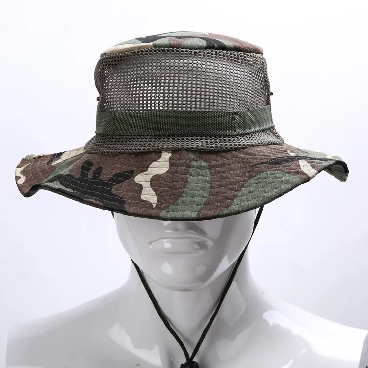 Outdoor Camouflage Boonie Hat Breathable Mesh Wide Brim Sun Protection Hiking Fishing Tactical Adjustable Drawstring