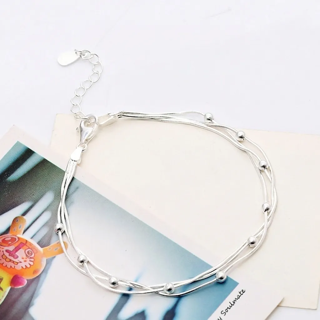 925 Sterling Silver Bracelet For Women Triple Layer Snake Chain With Round Beads Minimalist Jewelry Adjustable
