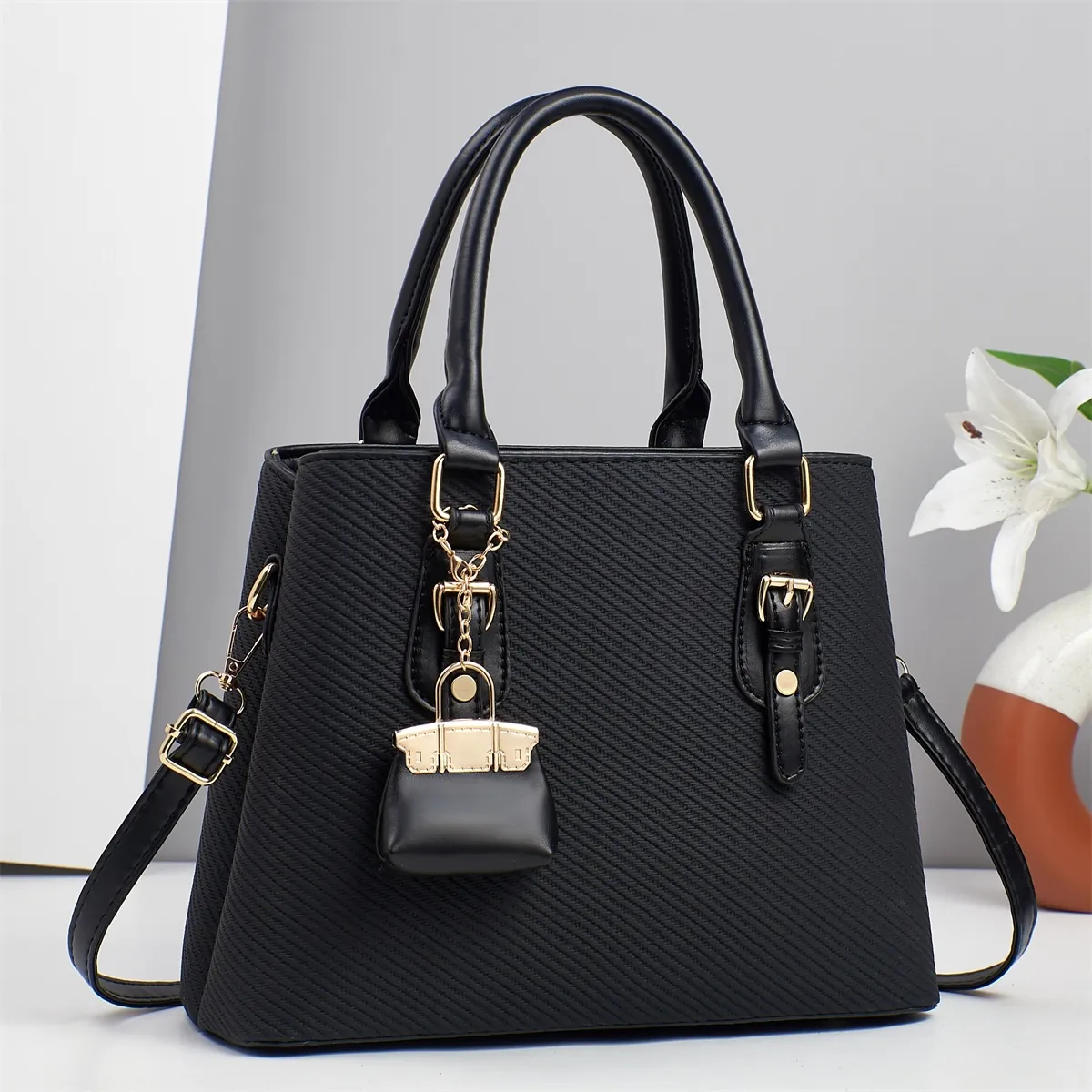 Woven Texture PU Leather Handbag Large Capacity Shoulder Bag With Mini Charm Versatile Elegant Tote For Women