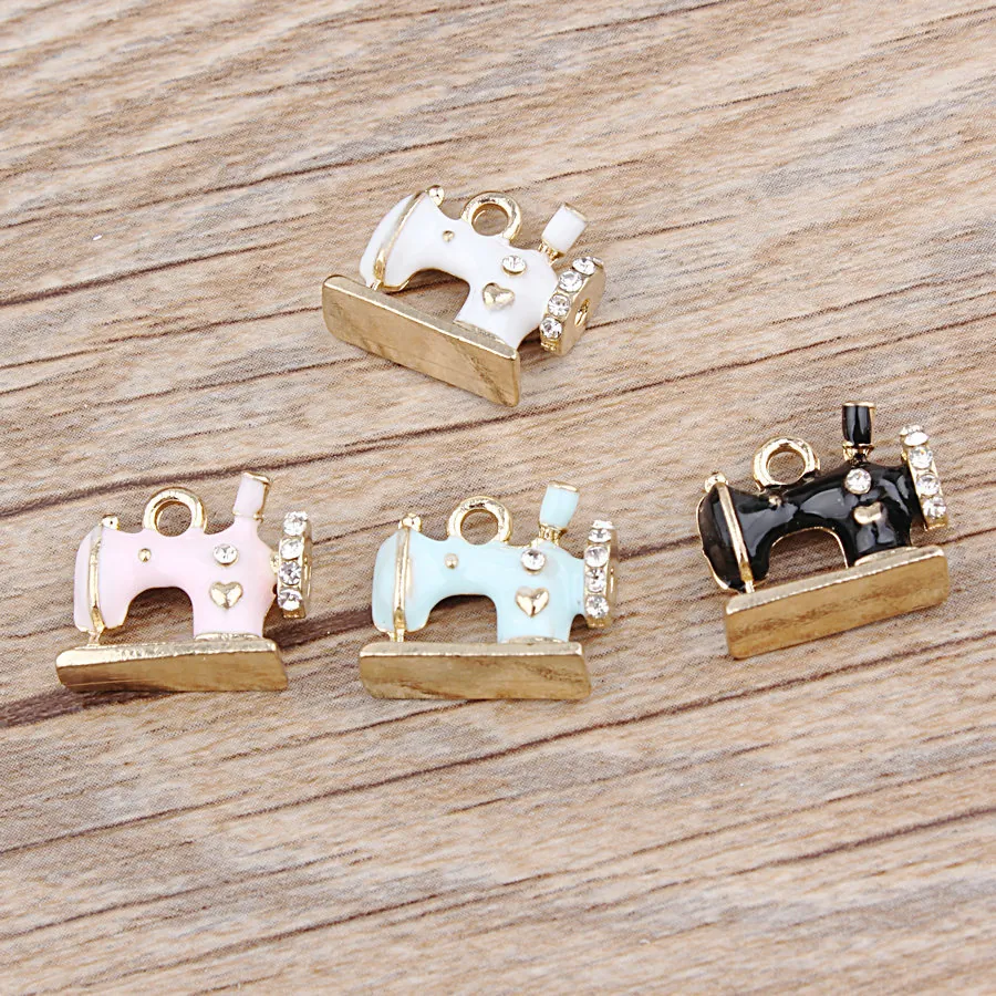 Mini Sewing Machine Enamel Alloy Charms With Rhinestones For DIY Jewelry Making Bracelet Necklace Pendants