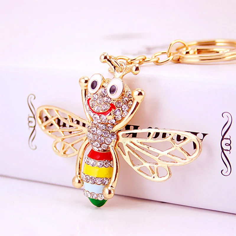 Cute Alloy Rhinestone Enamel Bee Keychain Animal Insect Golden Metal Keyring Bag Pendant Jewelry Accessory For Women Gift