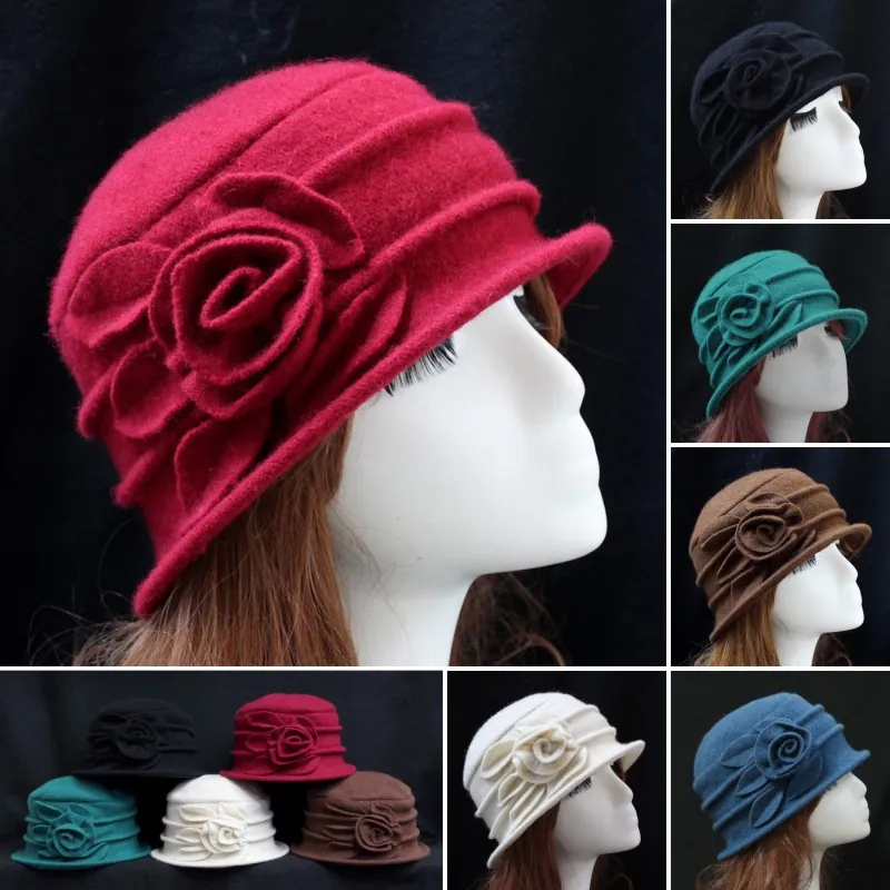 100% Wool Vintage Elegant Flower Cloche Bucket Hat For Women Middle-Aged Winter Warm Fedora British Style Mother Hat