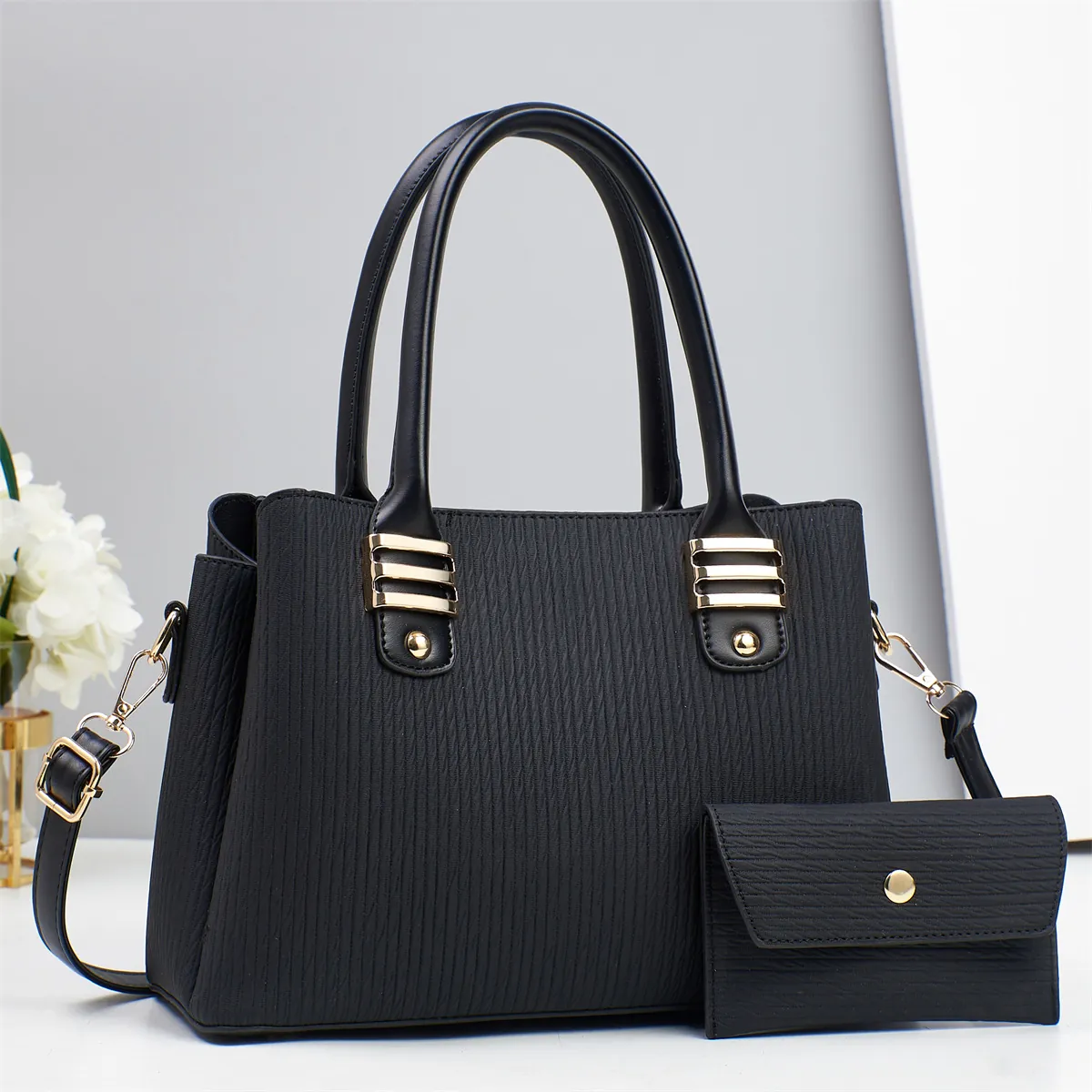 Vertical Wave Texture PU Leather Handbag And Long Wallet Women Top Handle Shoulder Bag Gold Hardware Elegant Office Daily