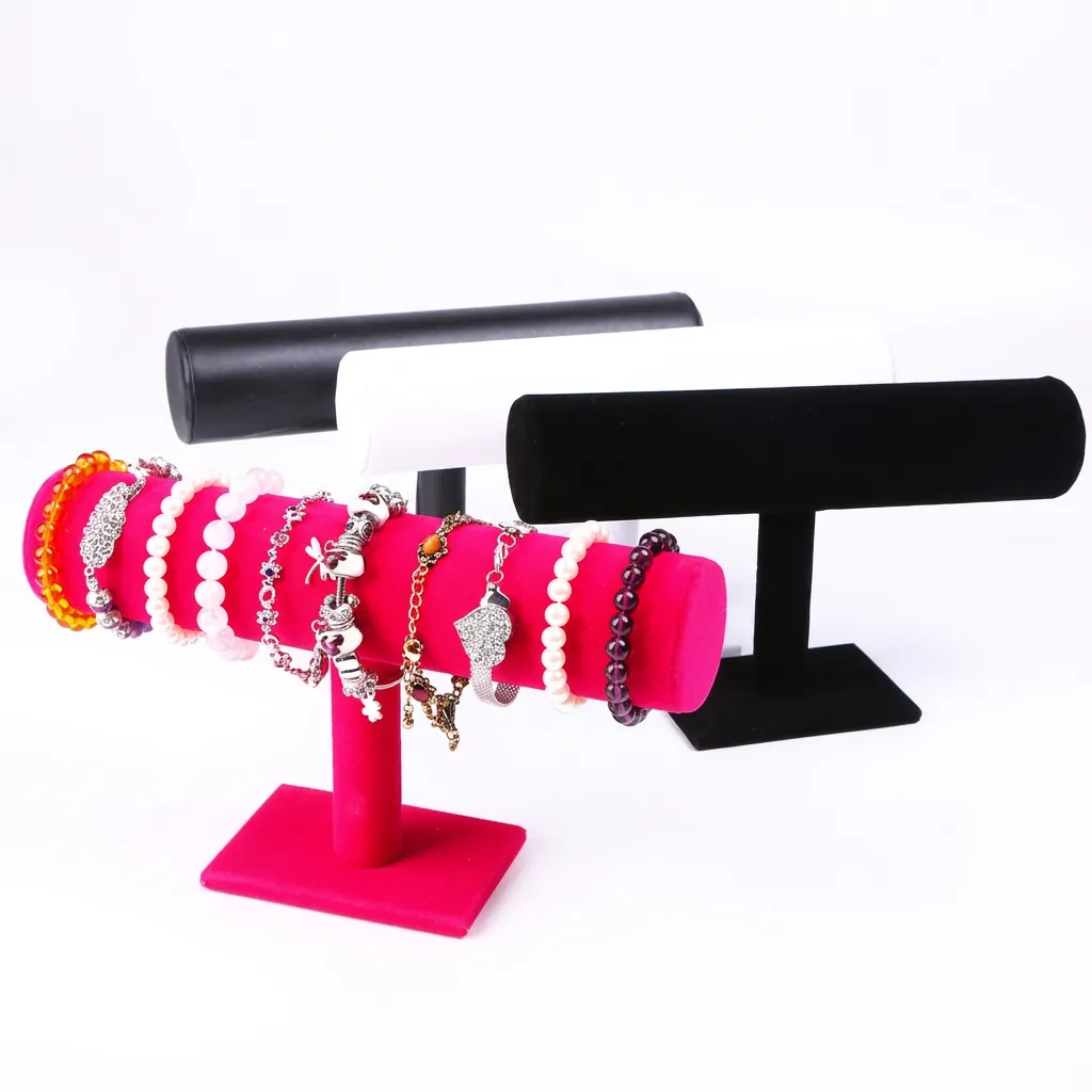 Jewelry Display Stand T-Bar Bracelet Holder Single Tier Watch Organizer Velvet Leather Linen Surface For Desktop