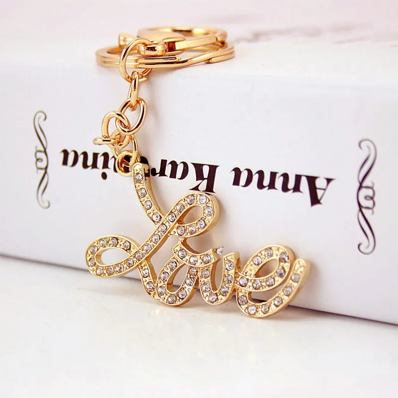 Fashion Gold Plated Zinc Alloy Rhinestone Love Letter Keychain Pendant Bag Hanging Ornament Women Romantic Jewelry Gift