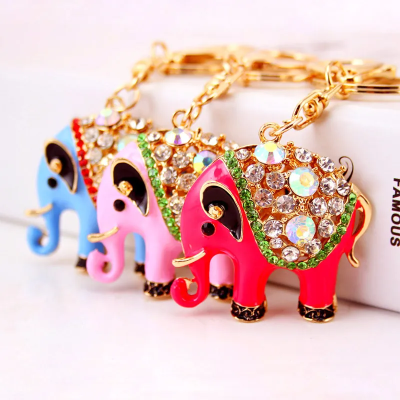 Schattige Emaille Olifant Sleutelhanger Voor Vrouwen Glinsterende Strass Dier Sleutelring Goudkleurige Legering Tas Bedeltje Hanger Cadeau