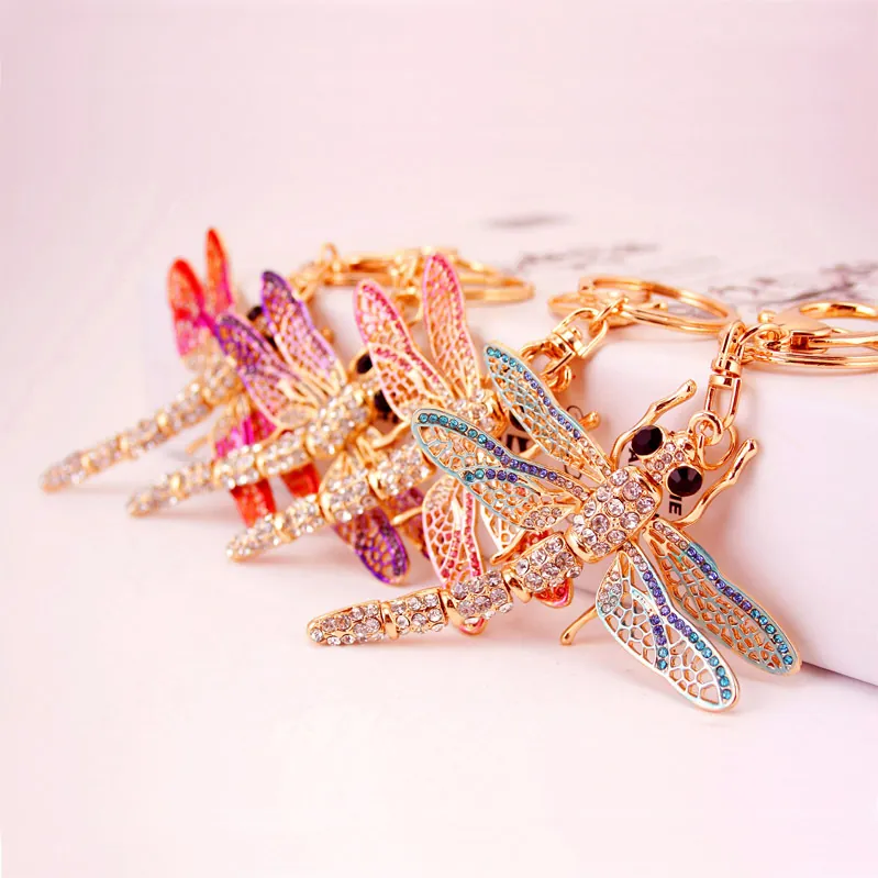 Luxus Zinklegierung Strass Libelle Schlüsselanhänger Für Damen Bunte Emaille Insekt Anhänger Schlüsselring Tasche Charme Schmuck Geschenk