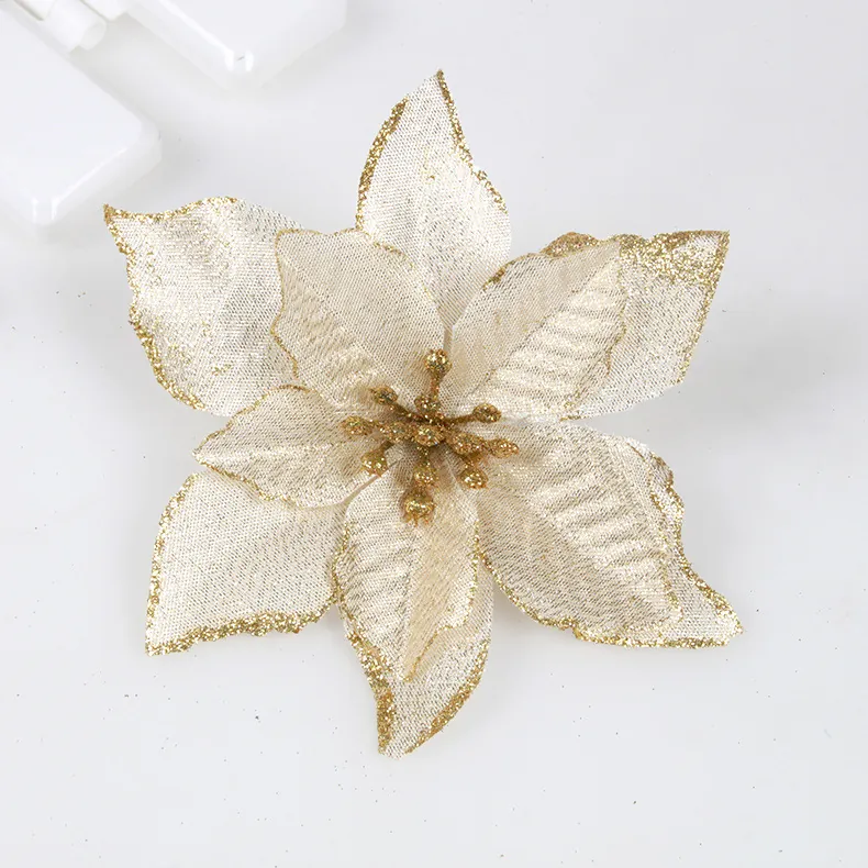 Artificial Christmas Poinsettia Flowers Fabric With Glitter Edges Shiny Multi Layer For Tree Wreath Decoration Party Ornament