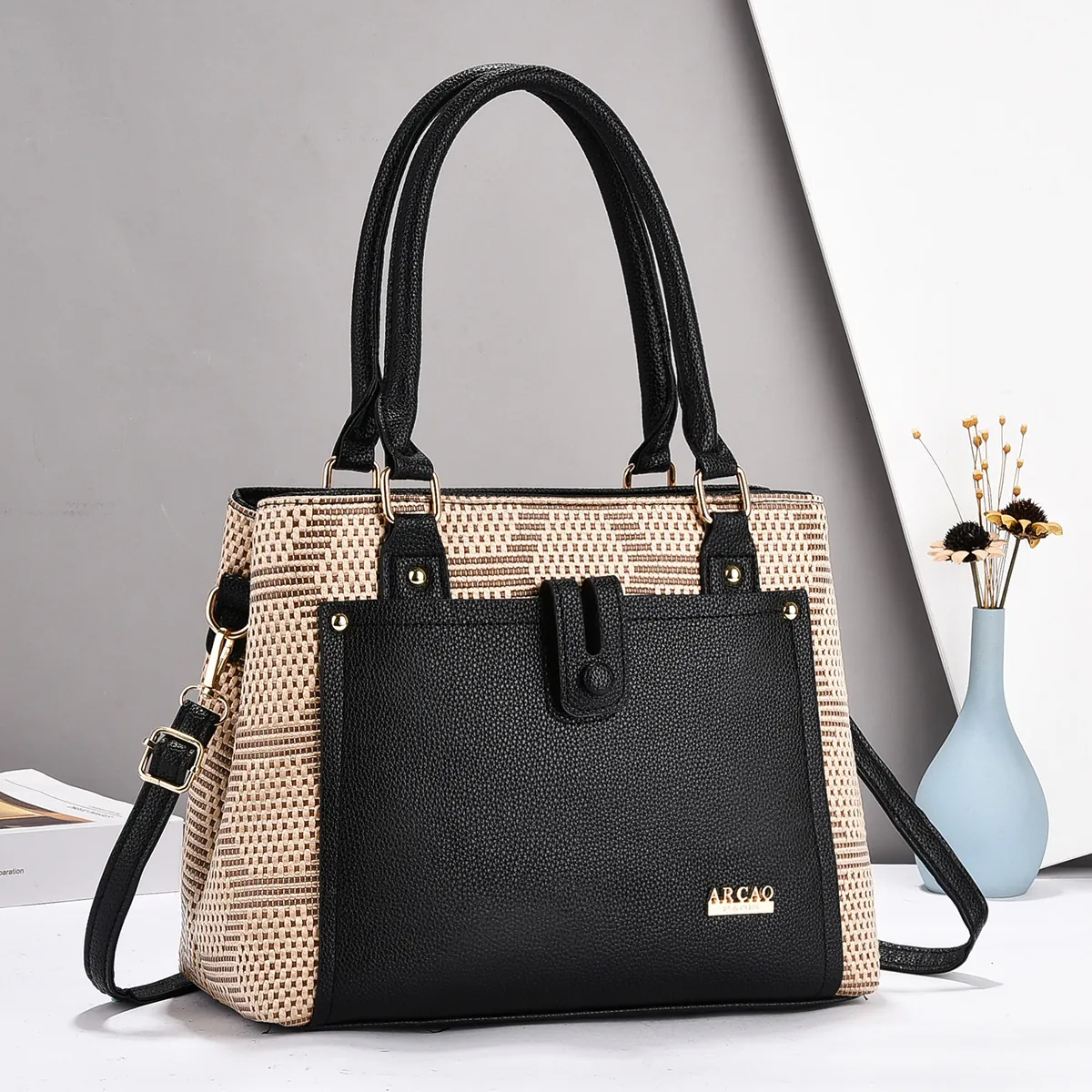 Large Capacity Stitched PU Leather Handbag With Woven Texture For Women Multi-Compartment Commute Shoulder Crossbody Bag