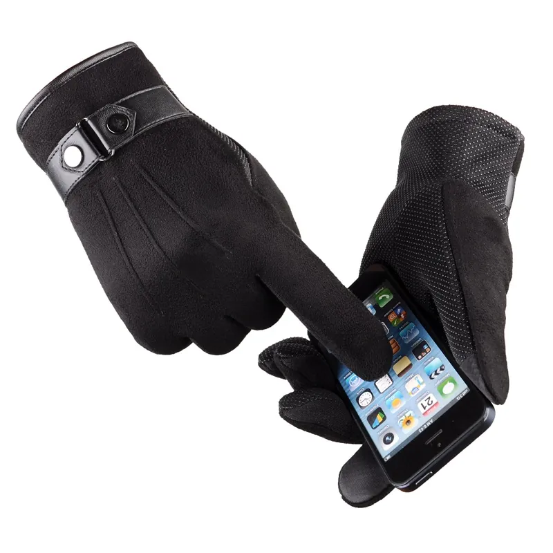 Men's Faux Suede Winter Gloves Touch Screen Warm Fleece Lined Driving Cycling Windproof Decorative Back Seams
