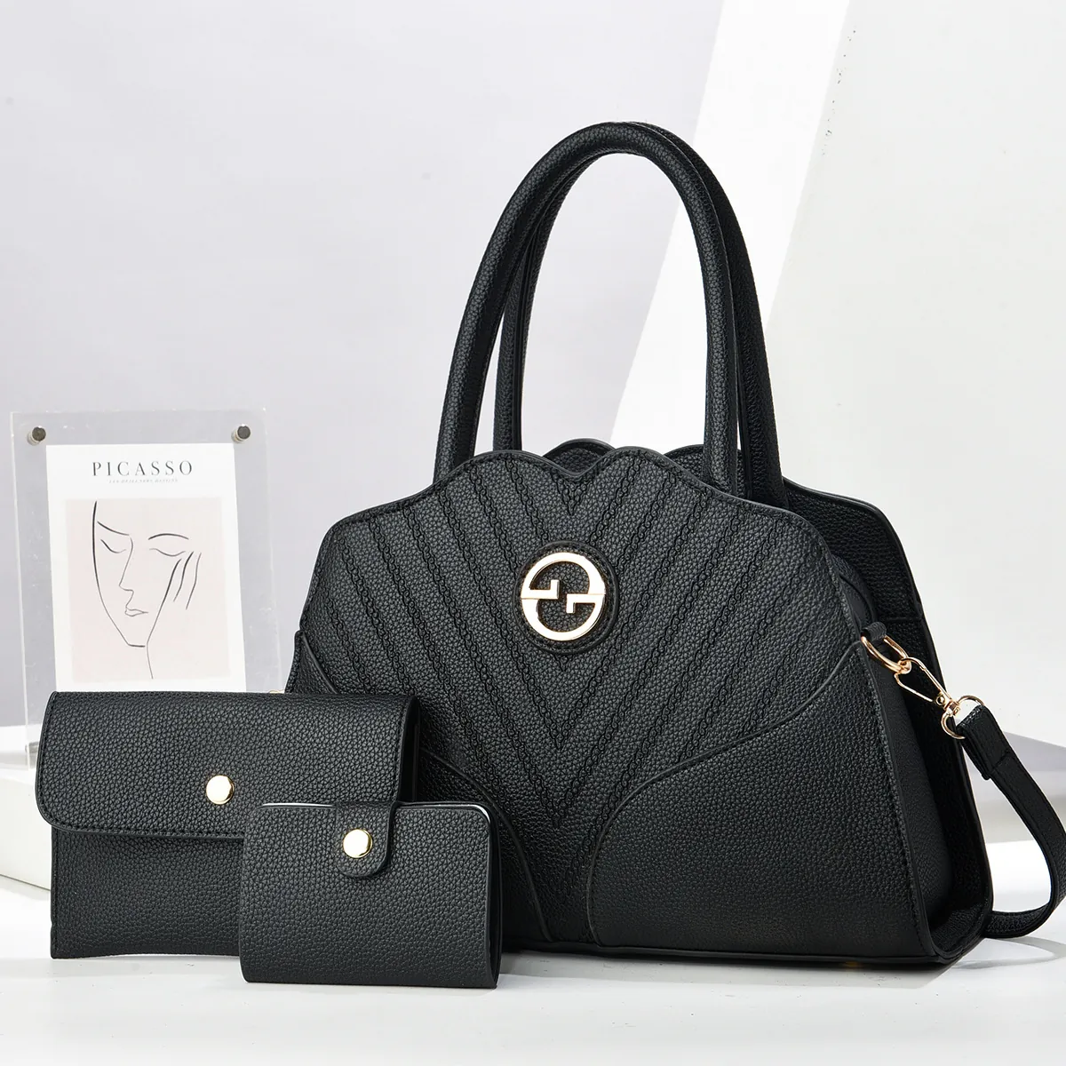 Women Litchi Grain PU Leather Handbag Shoulder Bag Long Wallet And Card Holder Patchwork Quilted V Pattern Large Capacity Elegant