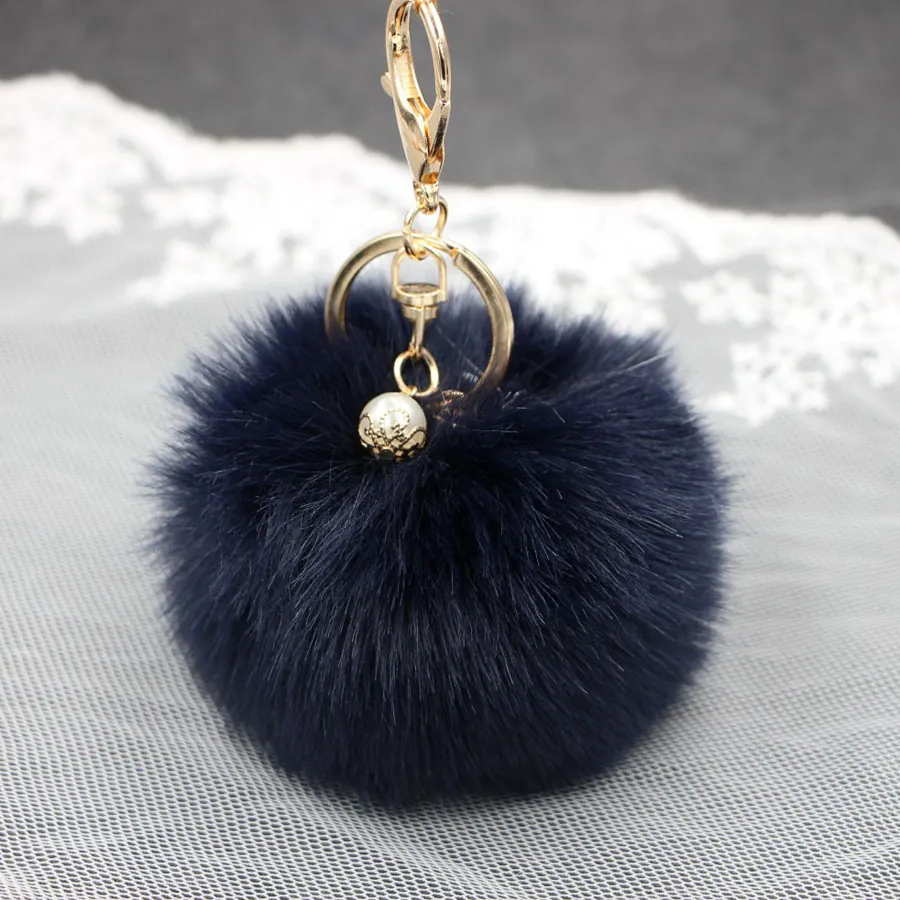 Portachiavi Pompon In Pelliccia Sintetica Con Ciondolo Perla Artificiale E Chiusura A Moschettone Dorata Per Borsa