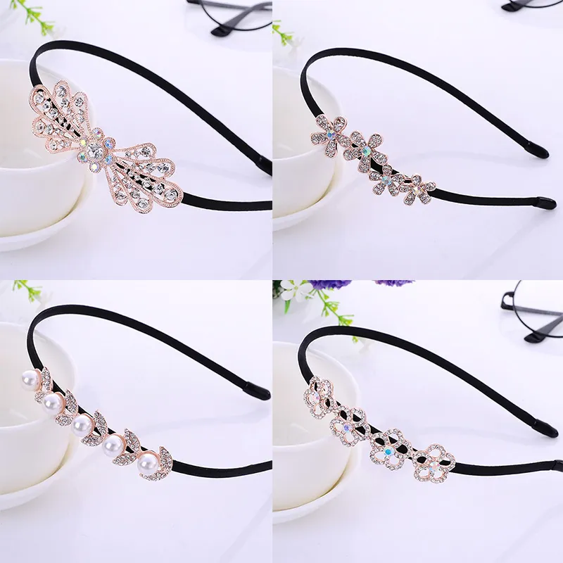 Kids Rhinestone Artificial Pearl Headband Alloy Thin Black Hair Hoop With Bow Butterfly Flower Shapes For Girls Sweet Hair Accessories