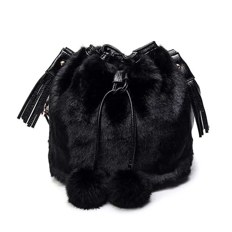 Women Faux Fur Bucket Bag With Pom Pom Tassels Plush Drawstring Shoulder Crossbody Fashion Winter