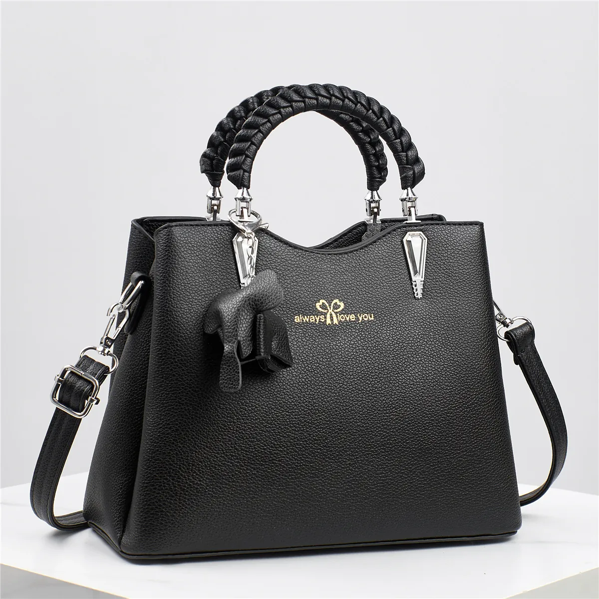 Women Handbag Litchi Pattern PU Leather Shoulder Bag With Woven Handle Elephant Charm Large Capacity Multi Layer Elegant Tote