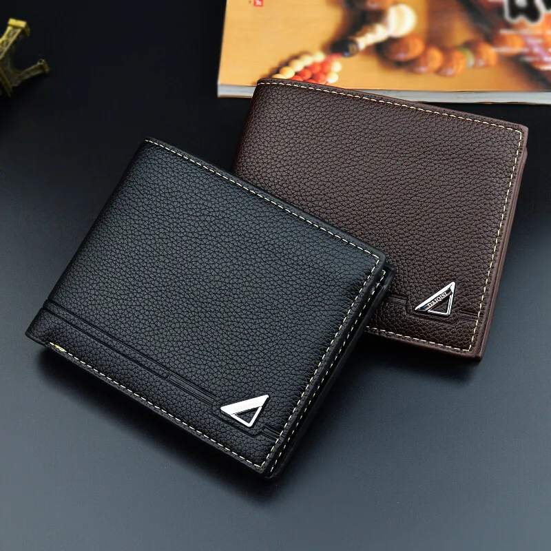 Portefeuille Bifold Homme Cuir PU Motif Litchi Court Business Casual Multi Emplacements Cartes Poche Fermeture Éclair Fenêtre Photo