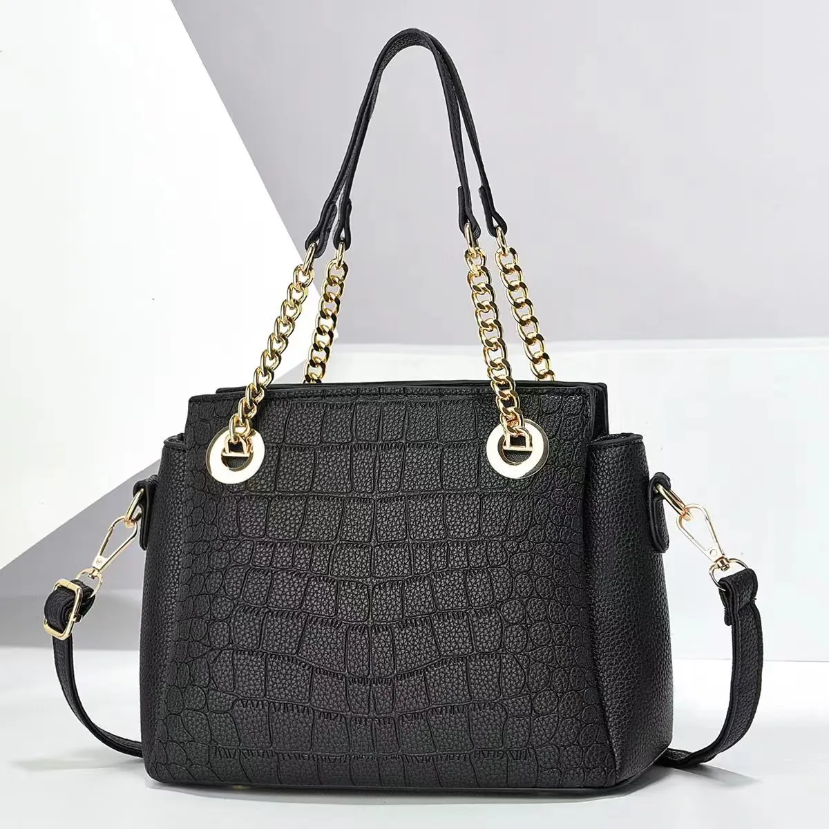 Women Croc Embossed Shoulder Bag Elegant PU Leather Handbag With Chain Handle Adjustable Strap Crossbody