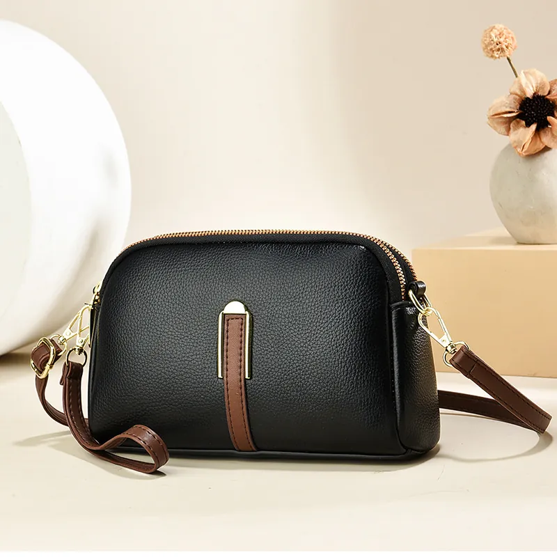 Women Shoulder Crossbody Bag PU Leather Lychee Texture Double Zipper Multi Layer Shell Shape Casual Daily Messenger