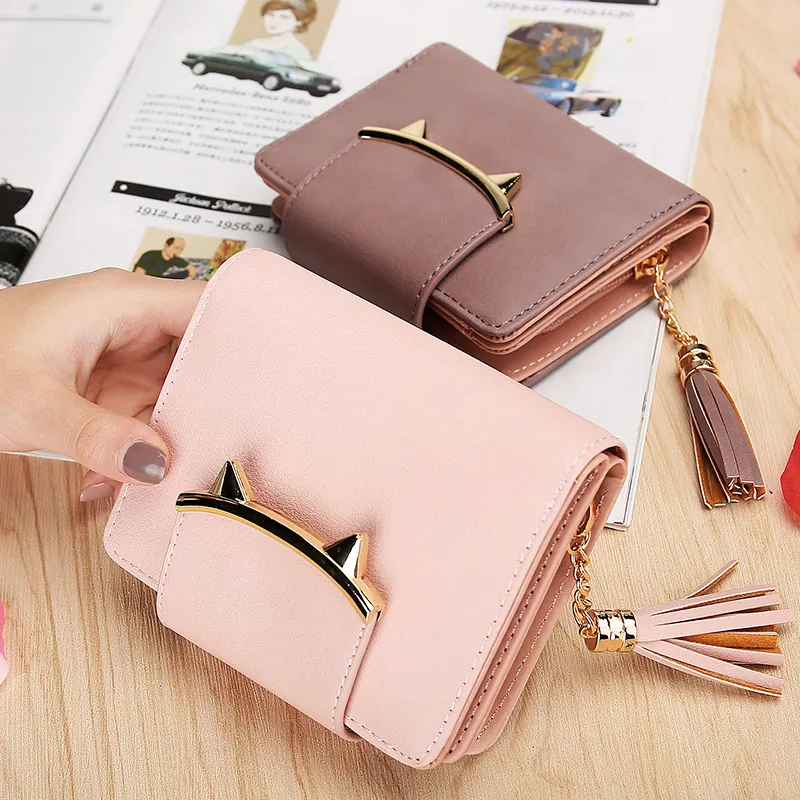 Women's Short Wallet PU Leather Cat Ear Decor Tassel Zipper Cute Three Fold Card Holder Purse For Girls
