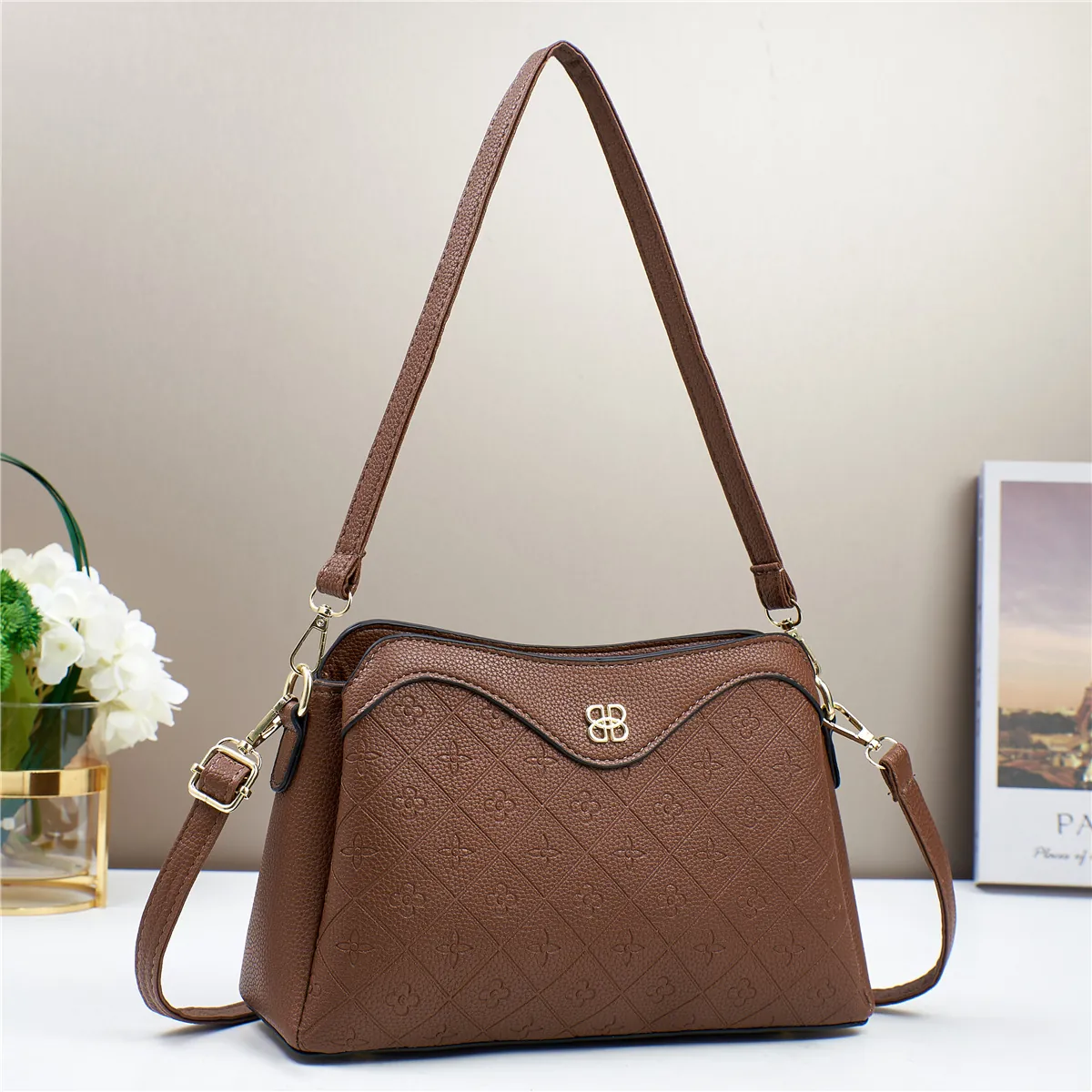 Casual PU Leather Square Shoulder Bag For Women Macaron Colors Embossed Messenger Crossbody Bag With Adjustable Single Strap Elegant Handbag
