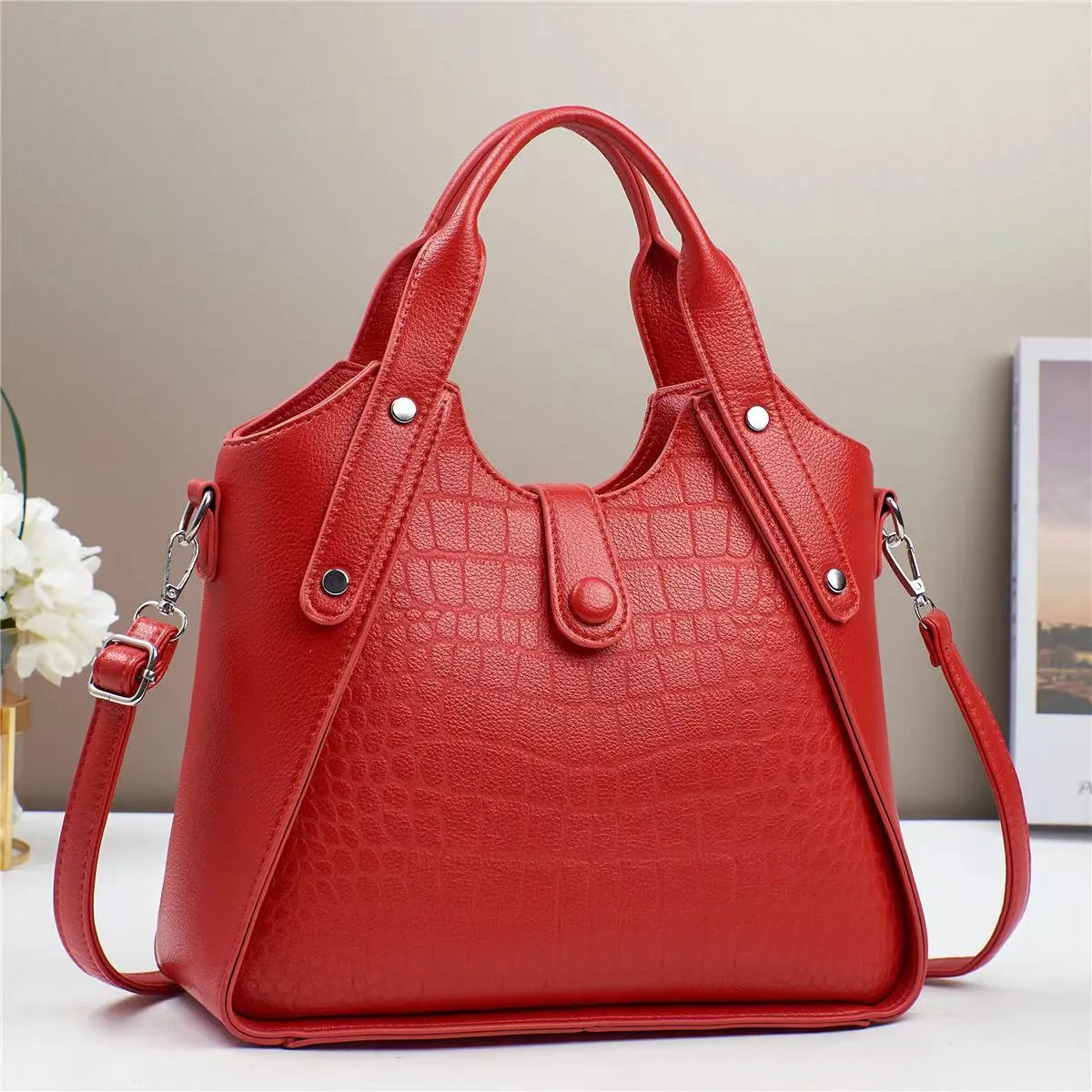 Borsa A Mano Donna Motivo Coccodrillo Pelle PU Grande Capacità Borsa A Tracolla Borchie Argento Tracolla Rimovibile