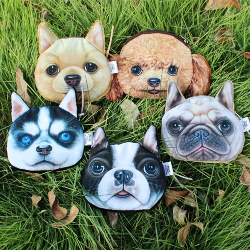 Realistic Dog Face Coin Purse 3D Digital Print Plush Small Mini Zipper Pouch Cute Animal Design Portable Storage Bag
