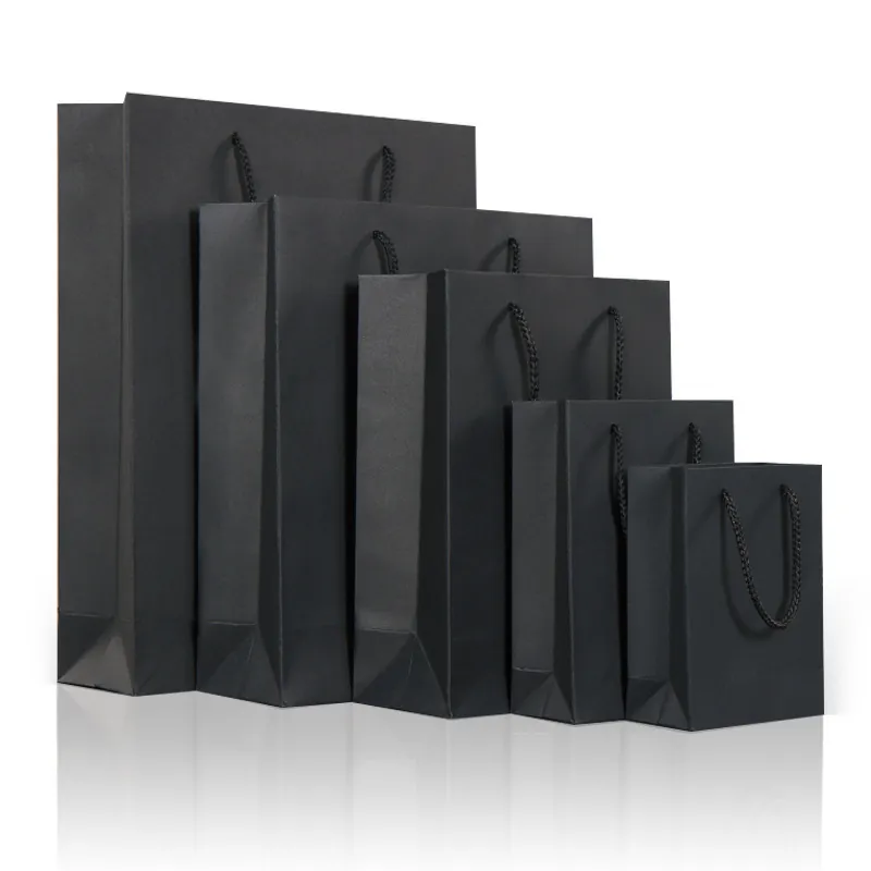 Elegant Black Card Paper Gift Bags With Rope Handles For Wedding Party Shopping Boutique Packaging Solid Color Matte Finish