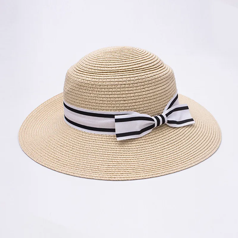 Women Straw Sun Hat Large Brim Foldable Paper Woven Beach Cap Elegant Bow Ribbon Summer UV Protection