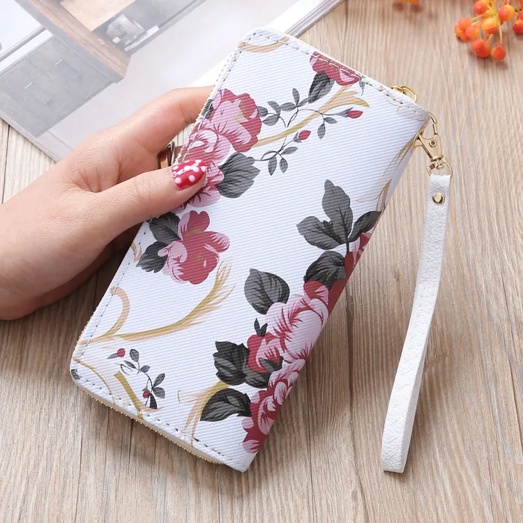 Damen Geldbörse Mit Rosenmuster Lang Reißverschluss PU-Leder Clutch Mit Handgelenkschlaufe Kartenhalter