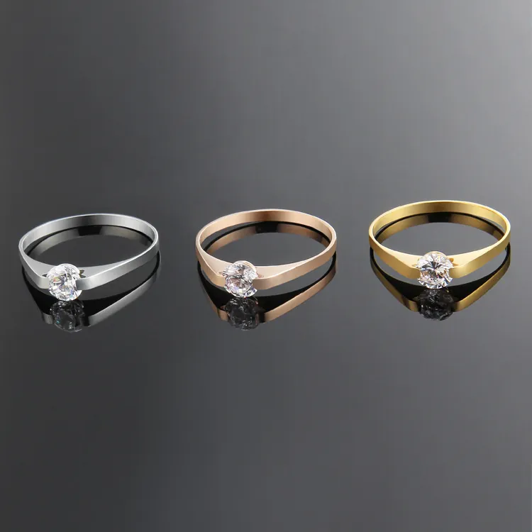 Minimalist Titanium Steel Solitaire Ring Zirconia Inlaid Electroplated Polished Couple Band Ring Fashion Jewelry For Women